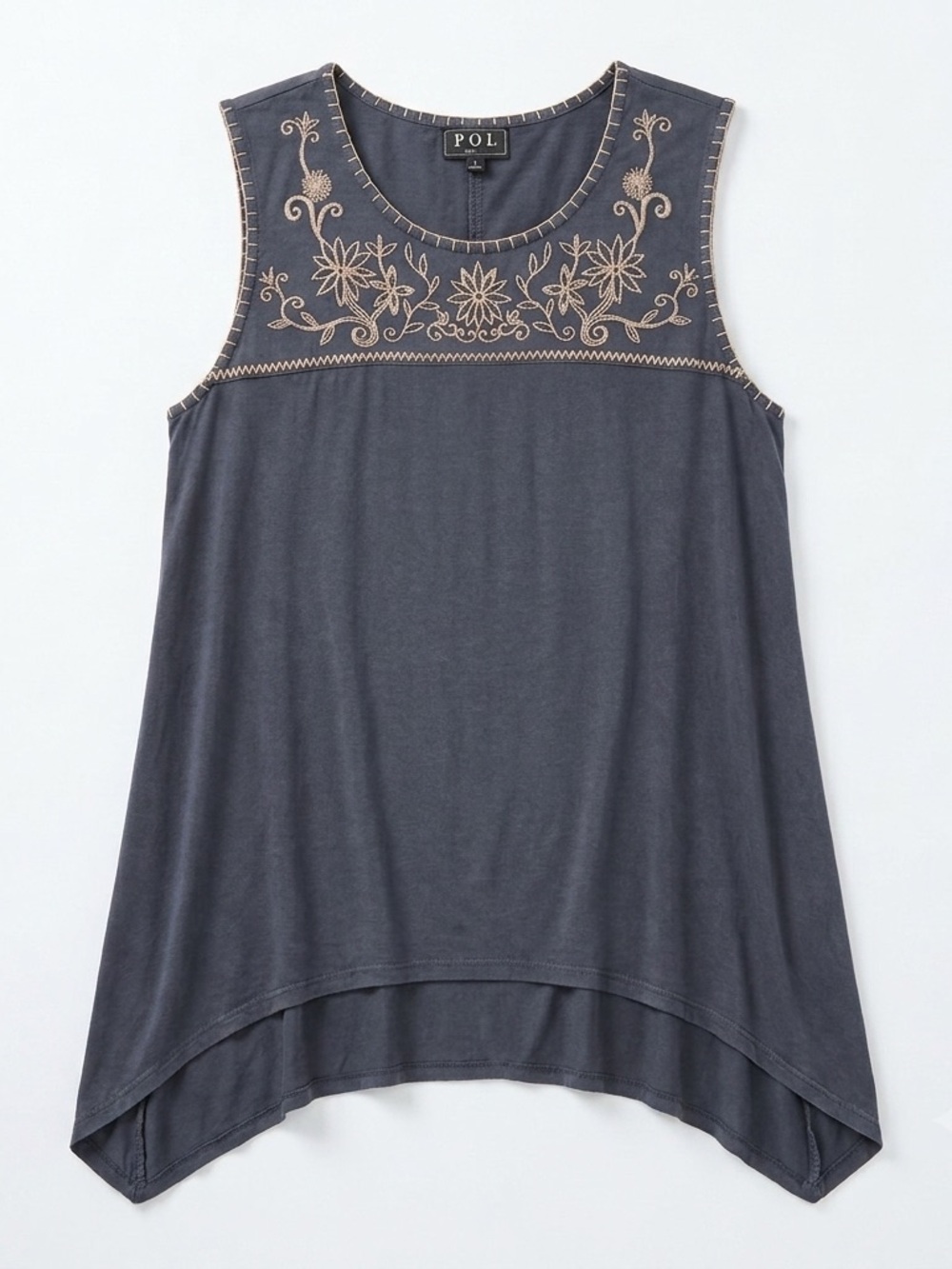 POL Boho Embroidered Tank Top Tunic Charcoal Blue Floral High Low Sleeveless S